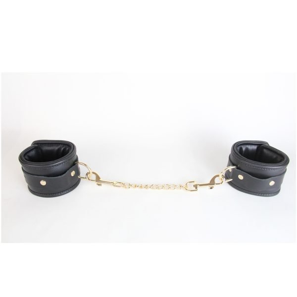 love in leather HAN048GLD 1 padded leather wrist cuffs lockable buckle front gold hardware fetish