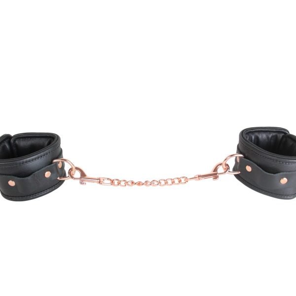 love in leather HAN048RSE 1 padded leather wrist cuffs lockable buckle front rose gold hardware fetish